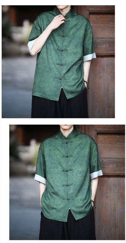 Summer Chinese Tang Suit Shirt Mens Stand Collar Short Sleeve Hanfu