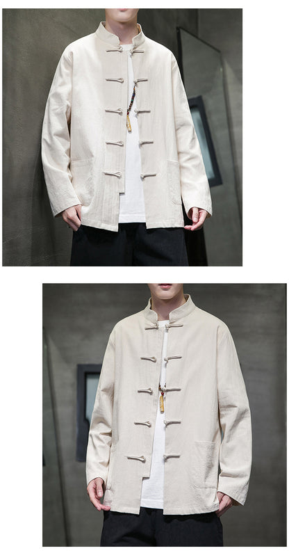 Mens Autumn Chinese Style Hanfu Tang Suit Button Up Cotton Linen Top