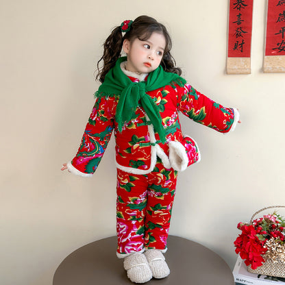 Winter Girls Floral Jacket & Pants Thickened Two-Piece Set