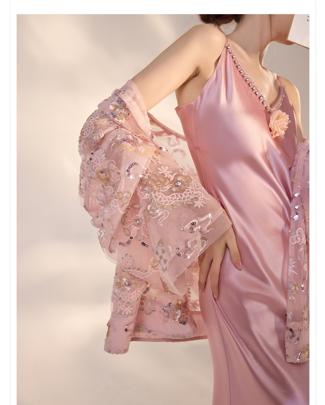 French Style Pink 3D Rose Acetate Strap Dress Elegant Long Gown