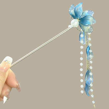 Ancient Style Blue Flower Hairpin High End Chinese Style Pearl Tassel Hairpin