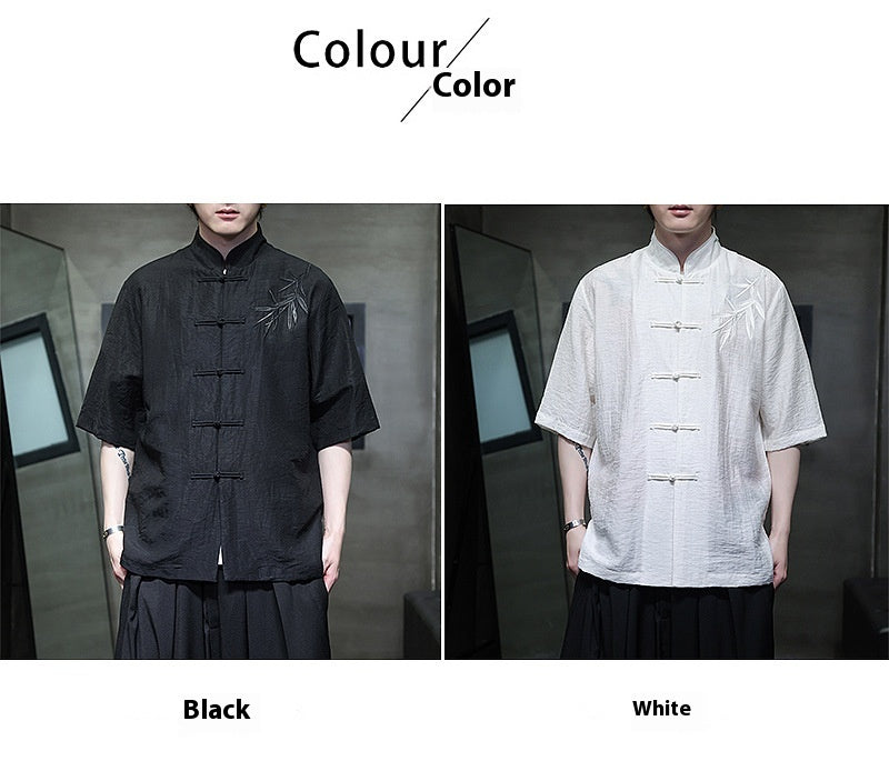 Mens Summer Chinese Embroidered Tang Shirt Hanfu Jushi Suit