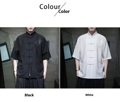 Mens Summer Chinese Embroidered Tang Shirt Hanfu Jushi Suit