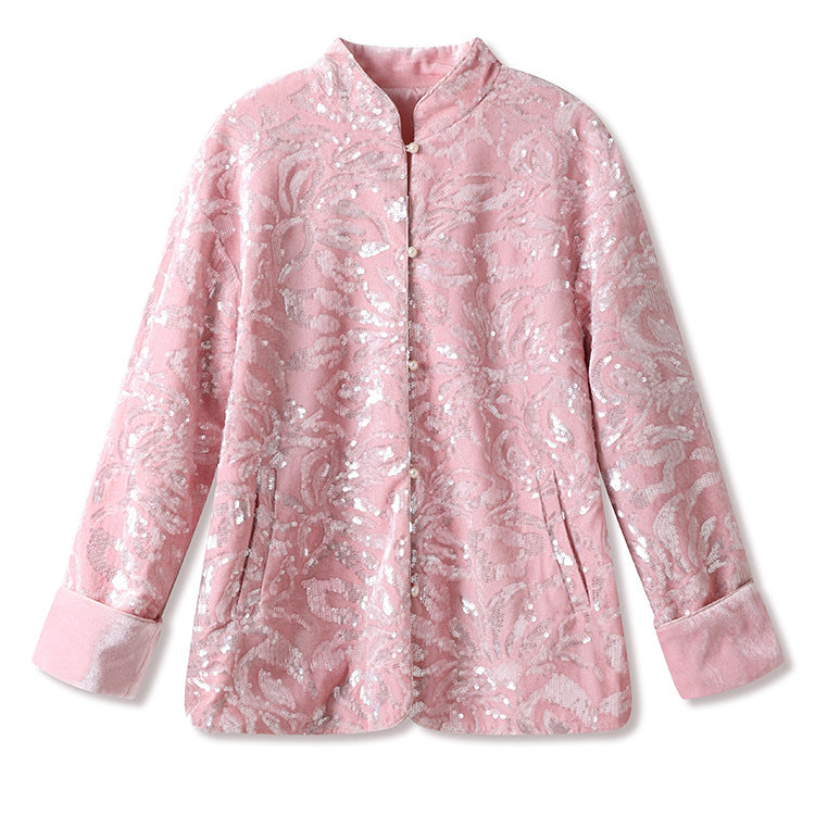 New Chinese Satin Floral Sequin Button Light Luxury Loose Coat