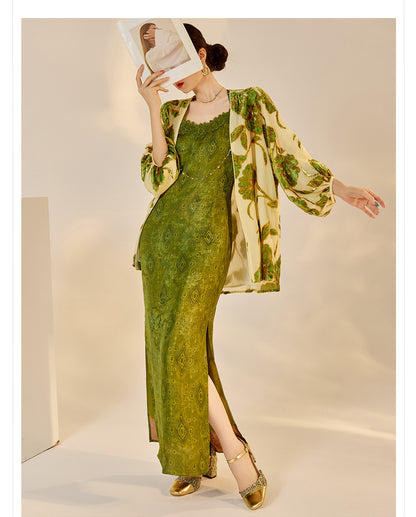 Velvet Burnout Jacket & Printed Cardigan Dress Set for Autumn