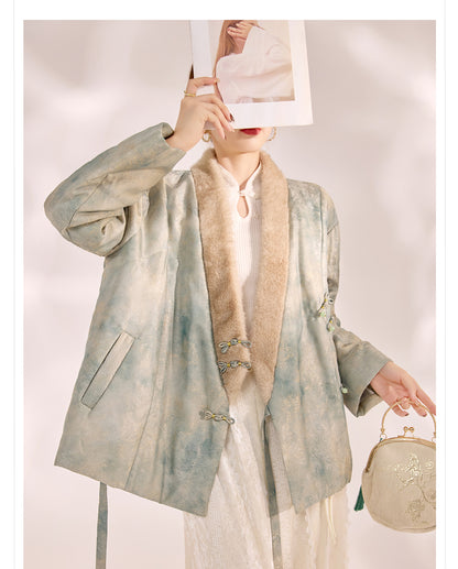 New Chinese Style Feather Collar Embroidered Cotton Jacket for Women