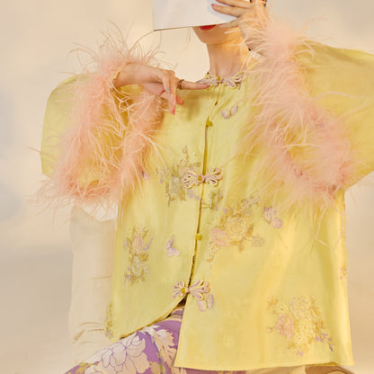 New Chinese Embroidered Feather Sleeve Patchwork Top & Skirt Set