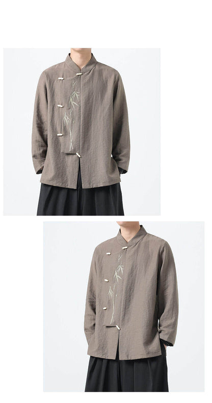 Chinese Style Mens Slanted Collar Hanfu Shirt Long Sleeve Tea Dress