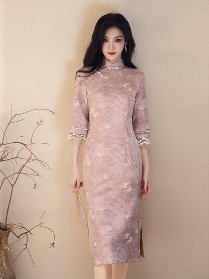 Republic of China Style Pink Cheongsam – Autumn Youth Dress