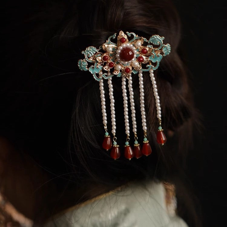 Original Hanfu Hairpin Retro Song Ming Style Enamel Duckbill Clip Red Bridal