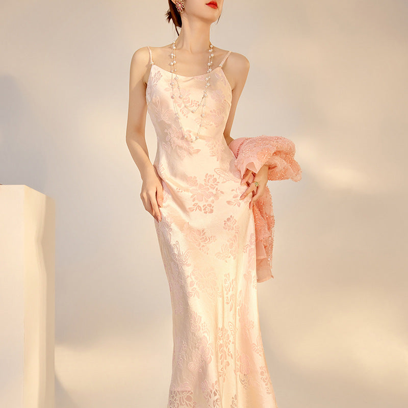 Elegant National Style Rayon Jacquard Embroidered Long Camisole Dress