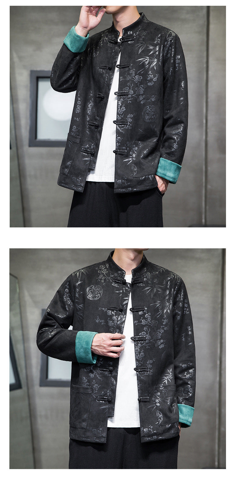 Chinese Style Mens Retro Tang Suit Button Printed Velvet Coat