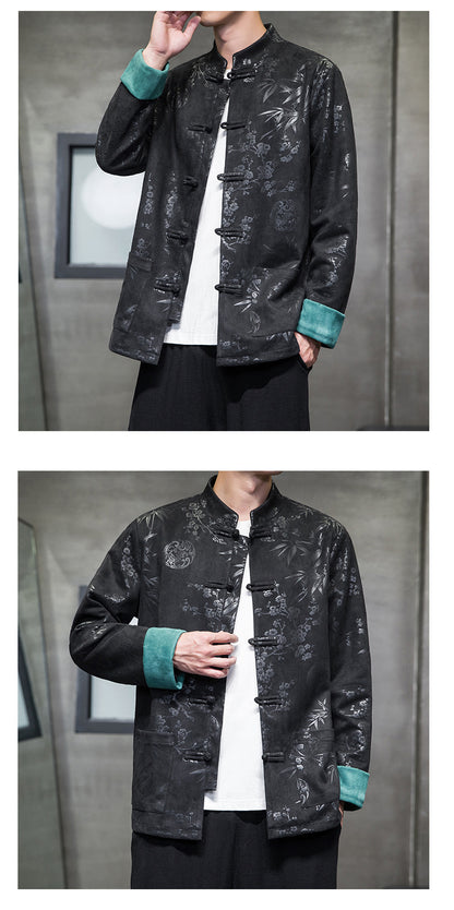 Chinese Style Mens Retro Tang Suit Button Printed Velvet Coat