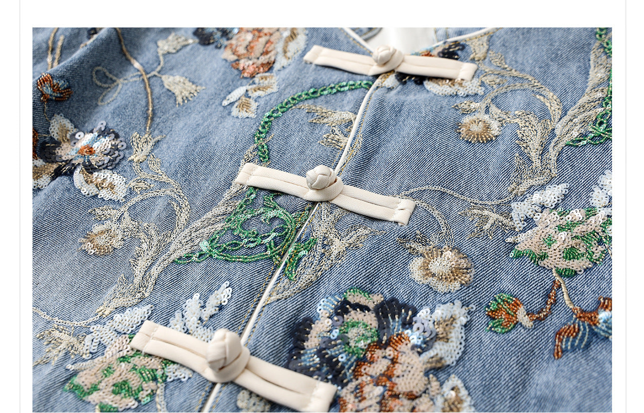 Blue Sequin Embroidered Denim Jacket High-End New Chinese Style