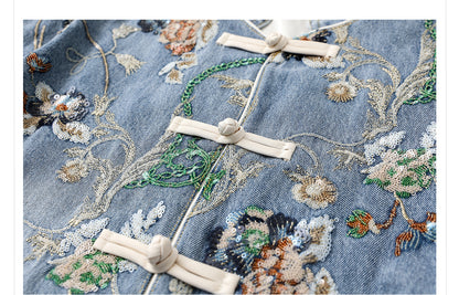 Blue Sequin Embroidered Denim Jacket High-End New Chinese Style