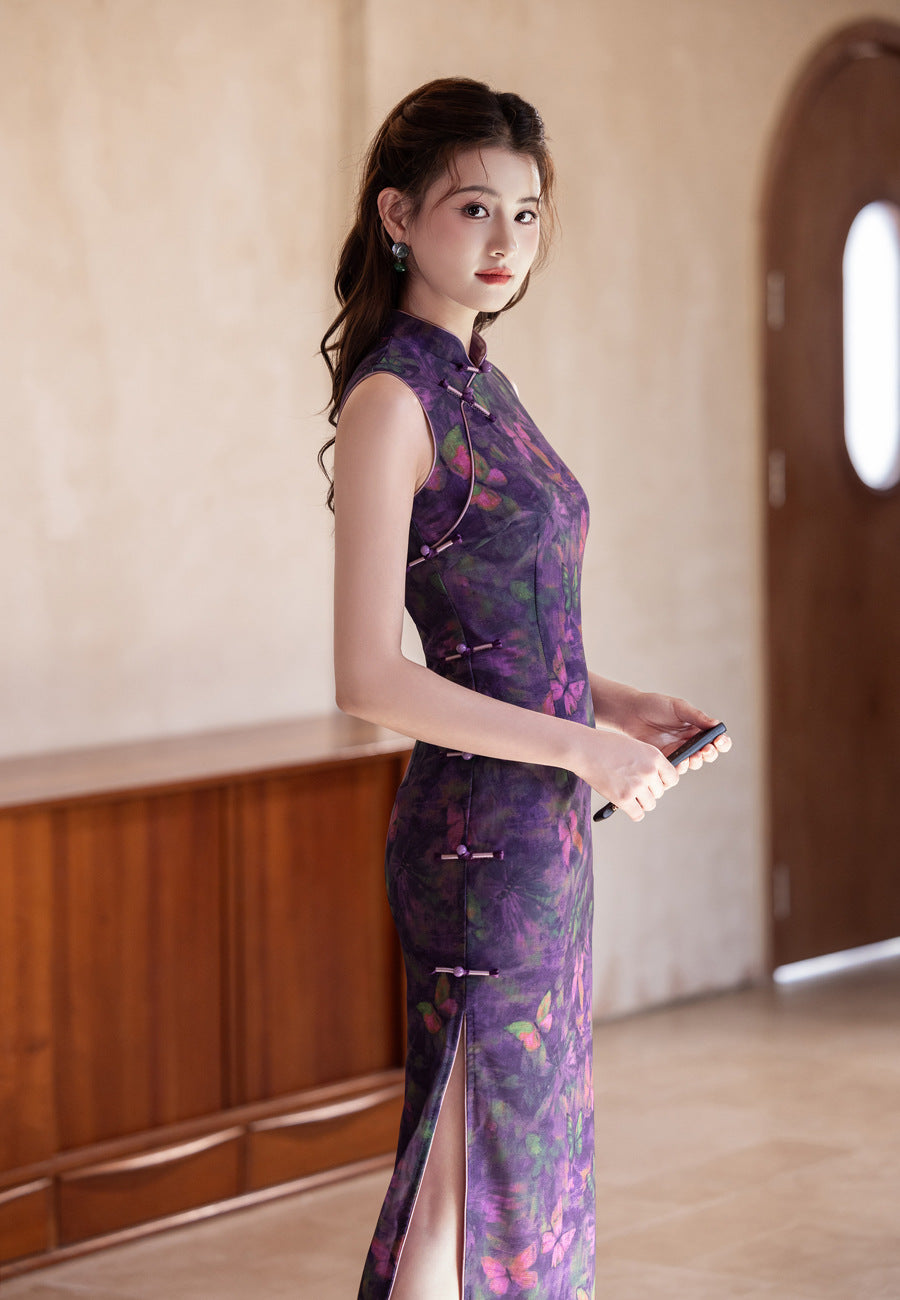 Purple Chinese Style Qipao – Butterfly Elegant Daily Dress