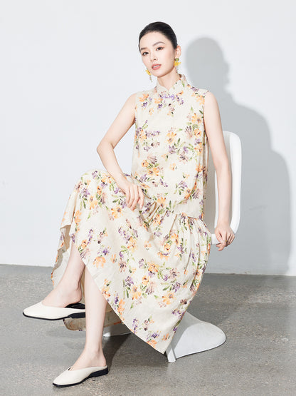 High-End Linen Sleeveless Button Top & Slimming Skirt for Women