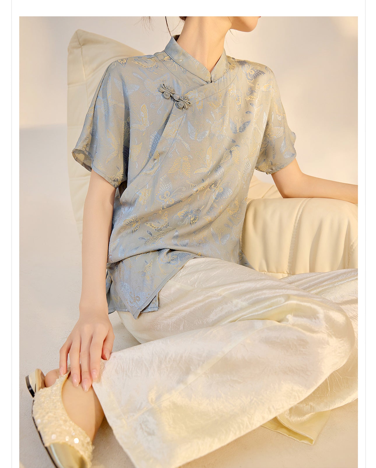 New Chinese Style High-Waist Wide-Leg Acetate Pants for Women