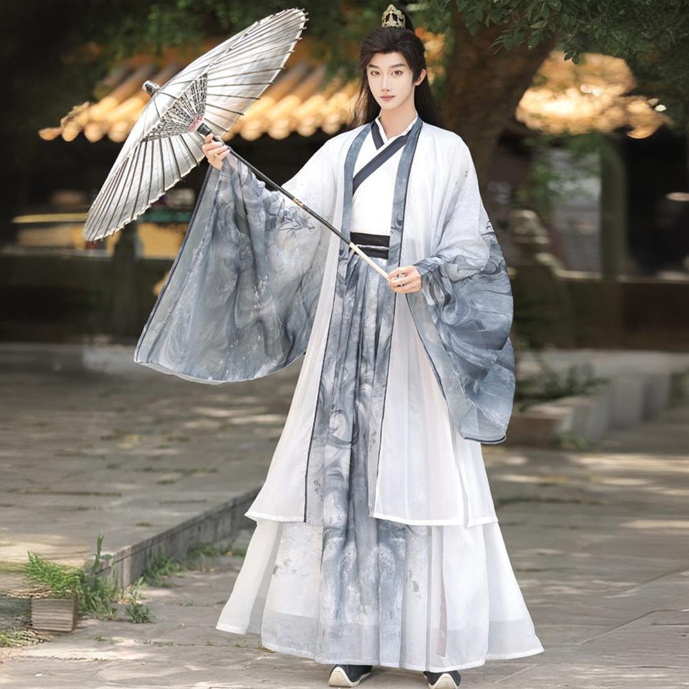 Oriental Ancient Drama Hanfu Costume Mens White Ink Print Daily Wear