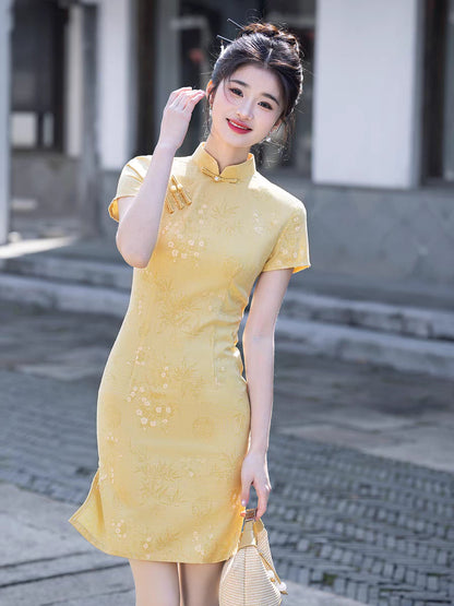 Yellow Cheongsam 2025 – Summer Slim Fit Elegant Daily Dress