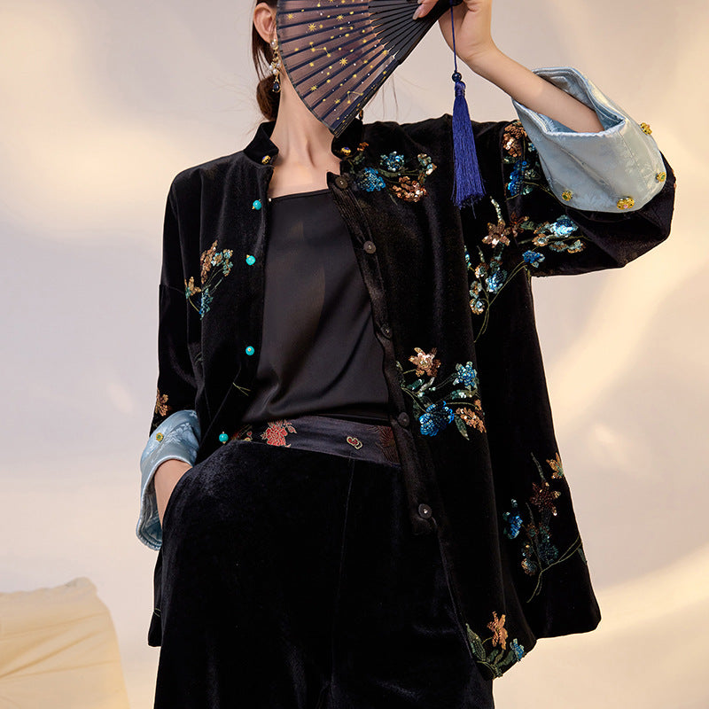 Elegant New Chinese Satin Floral Sequin Loose Black Top