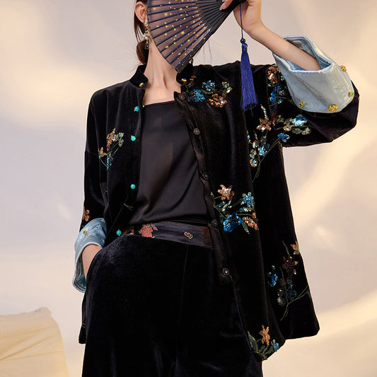 Elegant New Chinese Satin Floral Sequin Loose Black Top