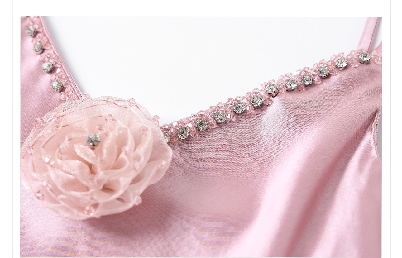 French Style Pink 3D Rose Acetate Strap Dress Elegant Long Gown