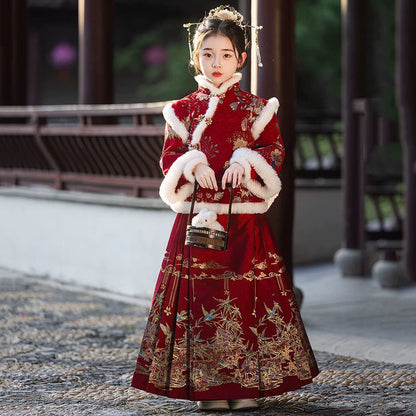 Girls’ Winter Hanfu | 2025 New Year Thickened Horse Face Skirt Outfit