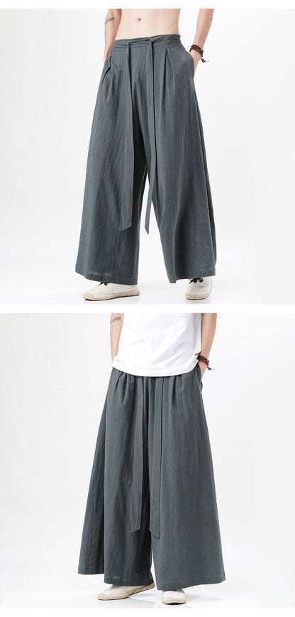 Mens Chinese Style Hanfu Linen Nine Point Retro Wide Leg Pants