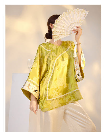 Elegant Yellow Jacquard Rayon Shirt New Chinese Style Top 2026