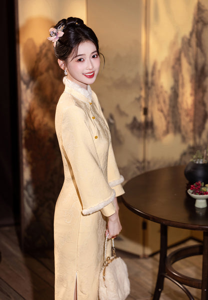 Elegant Yellow Winter Cheongsam – High-End Warm Daily Style