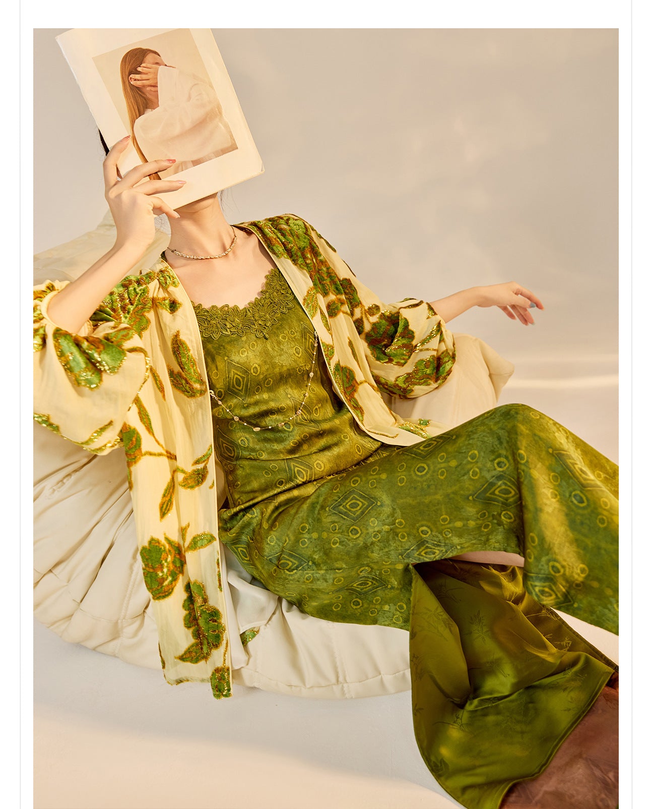 Velvet Burnout Jacket & Printed Cardigan Dress Set for Autumn