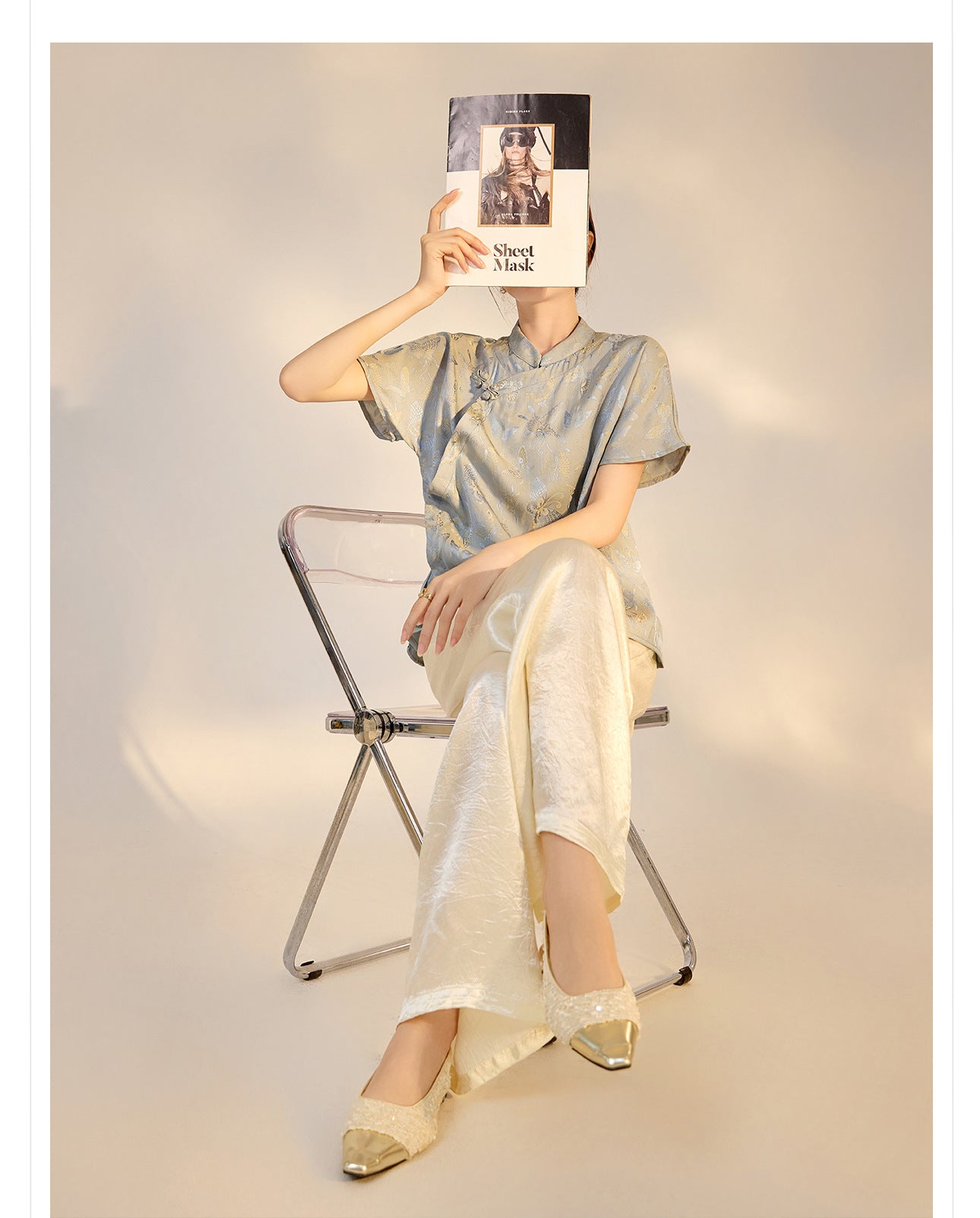 New Chinese Style High-Waist Wide-Leg Acetate Pants for Women