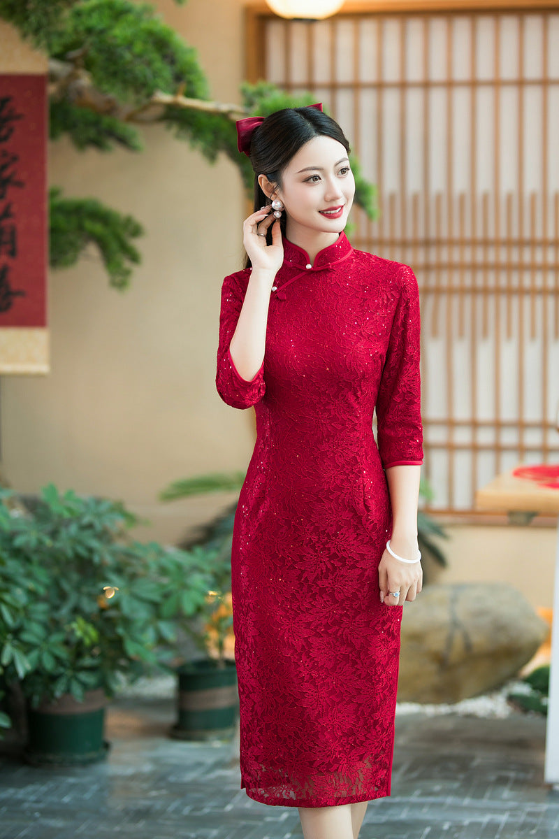 Elegant Red Two-Piece Cheongsam – Autumn Wedding Event Dress