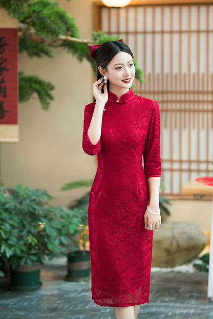 Elegant Red Two-Piece Cheongsam – Autumn Wedding Event Dress