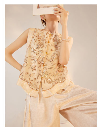 National Style2025Summer New Beaded Embroidery New Chinese Style Sequin Mermaid Skirt Vest Pants Set