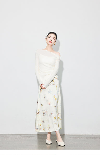 Chic Printed Midi Skirt, Side Slit Design for Women