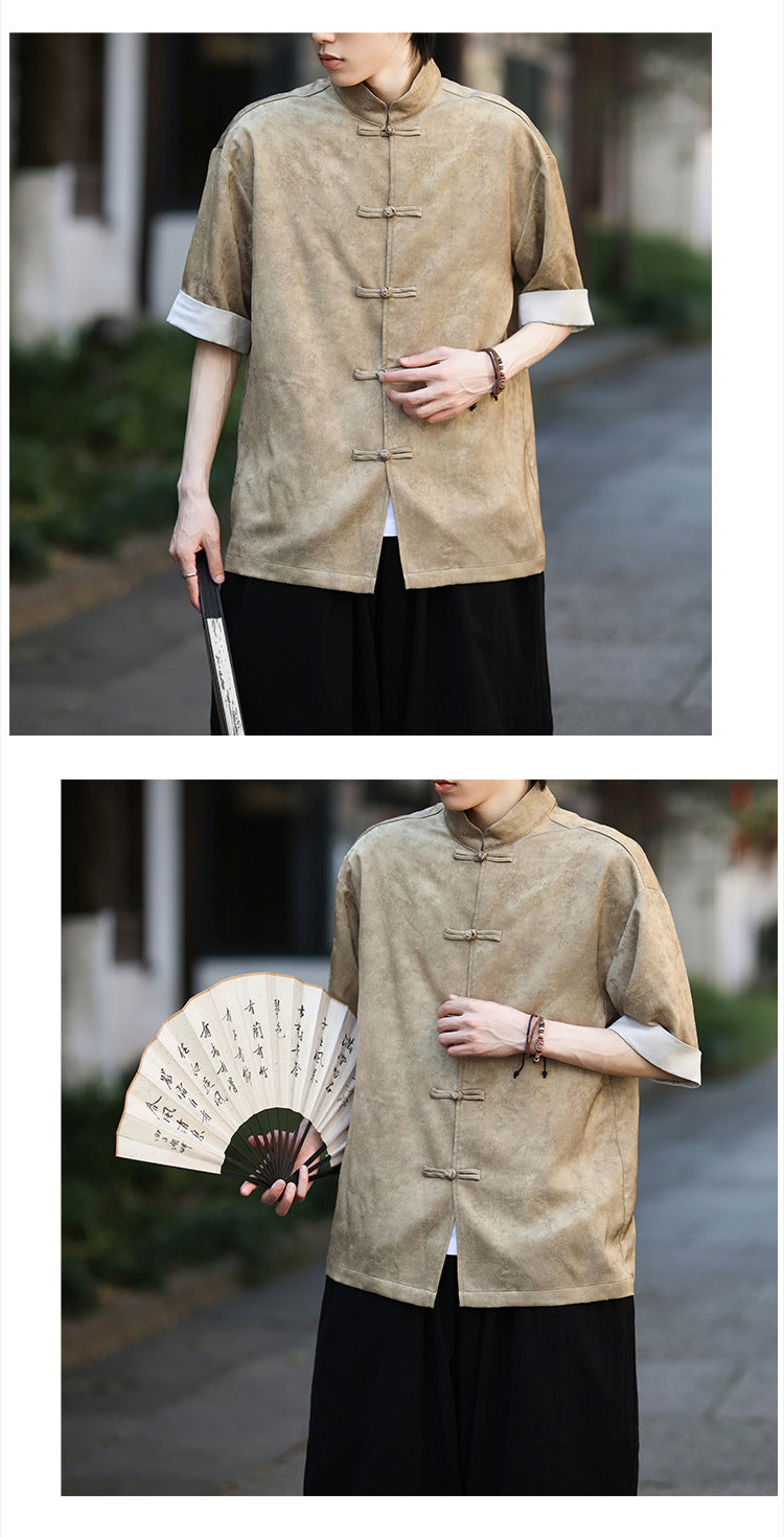 Summer Chinese Tang Suit Shirt Mens Stand Collar Short Sleeve Hanfu