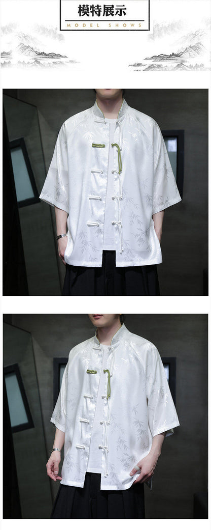 Summer Chinese Style Ice Silk Jacquard Tang Shirt Mens Stand Collar Top