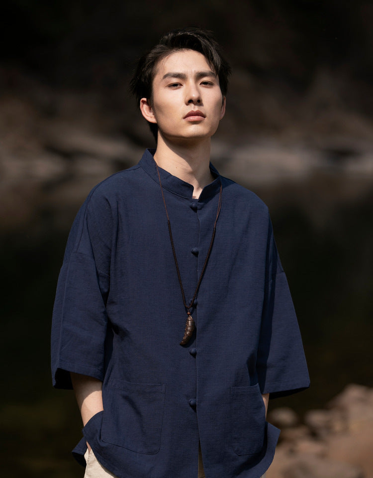 Summer Chinese Cotton Linen Shirt Men Casual Thin Youth Trend Top