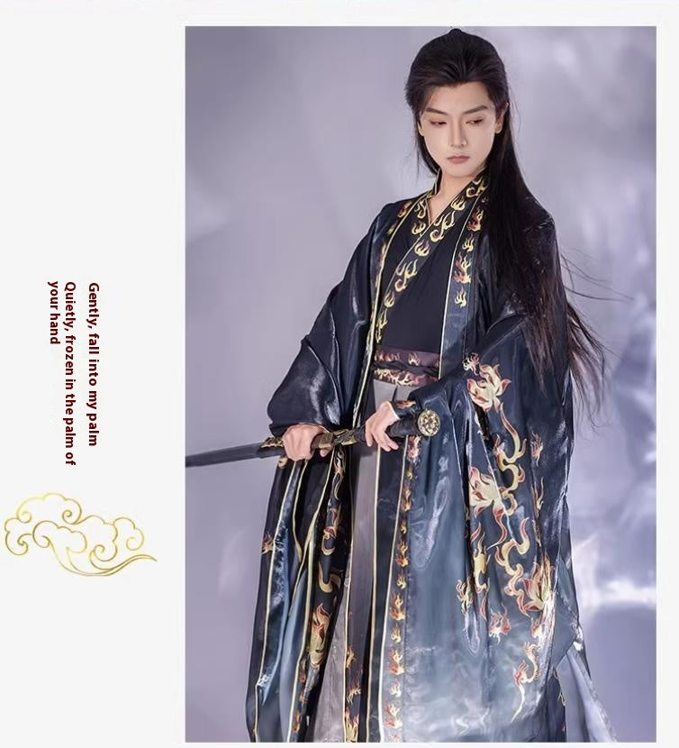 Oriental Ancient Drama Hanfu Mens Cross Collar Qi Waist Large Sleeve