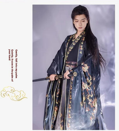 Oriental Ancient Drama Hanfu Mens Cross Collar Qi Waist Large Sleeve