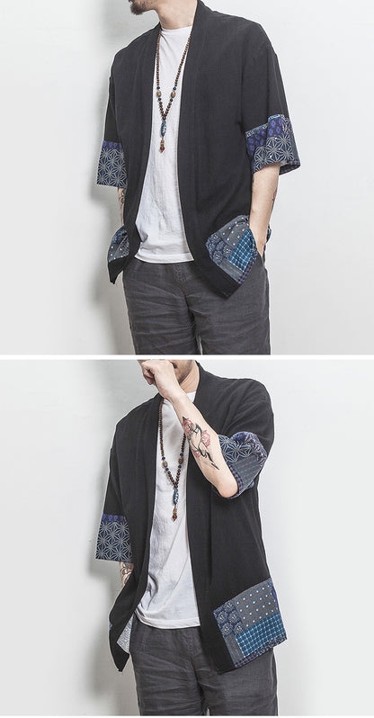 Summer Chinese Hanfu Cardigan Men’s Cotton Linen Patchwork Robe