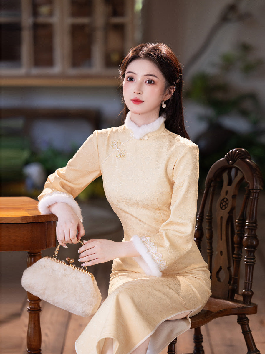 Yellow Fleece-Lined Winter Qipao | Thickened Long-Sleeve Retro Dress 2025