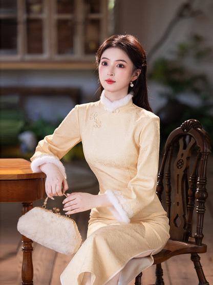 Yellow Fleece-Lined Winter Qipao | Thickened Long-Sleeve Retro Dress 2025