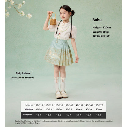 Girls Summer Hanfu Set — Short Sleeve Shirt & Mamian Skirt Two-Piece