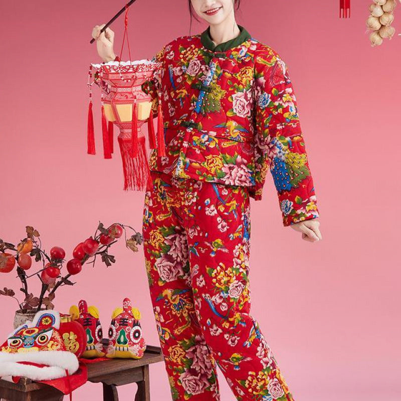 Northeast Floral Winter Jacket Women Thick Ethnic Cotton Coat Set