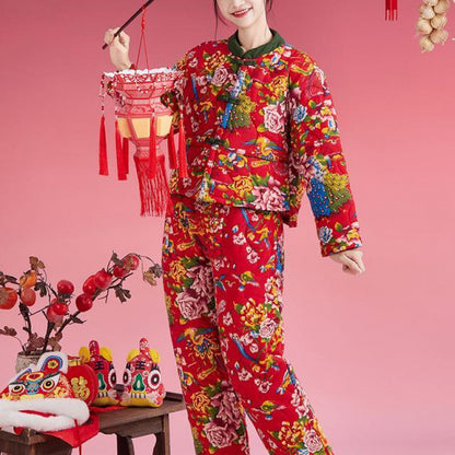 Northeast Floral Winter Jacket Women Thick Ethnic Cotton Coat Set