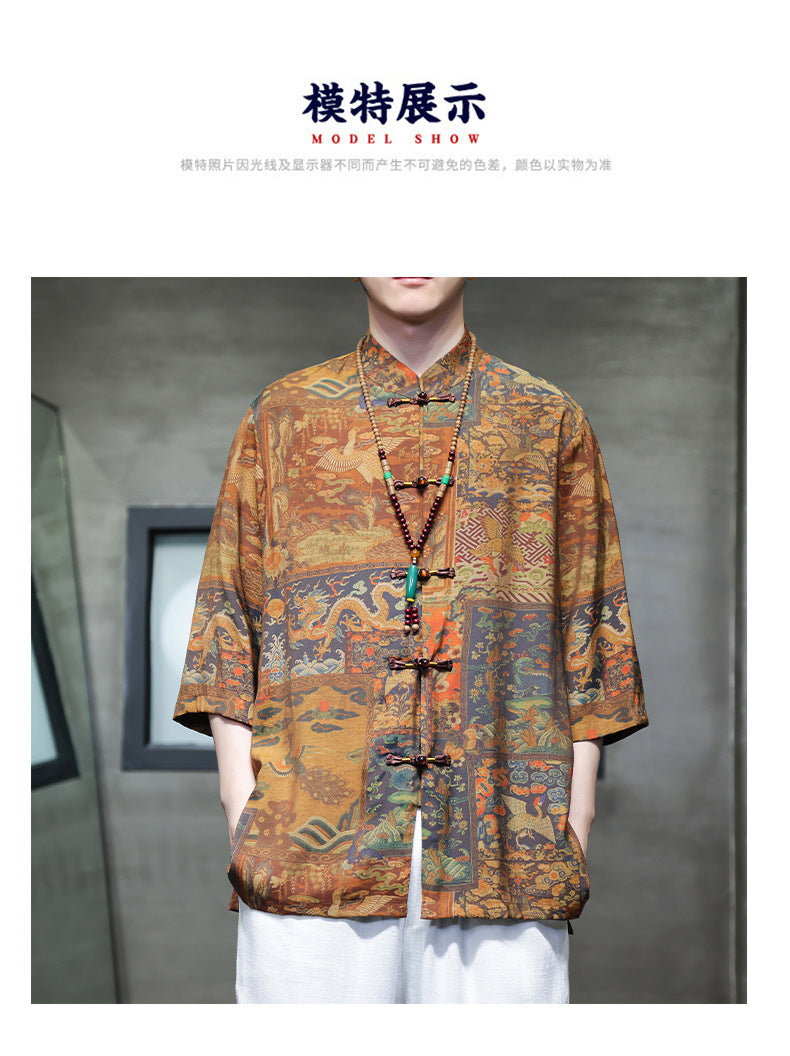 Mens Summer Chinese Tang Shirt Three Quarter Sleeve Fashion Trendy