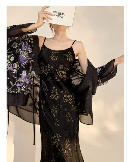 Elegant National Style Rayon Jacquard Embroidered Long Camisole Dress